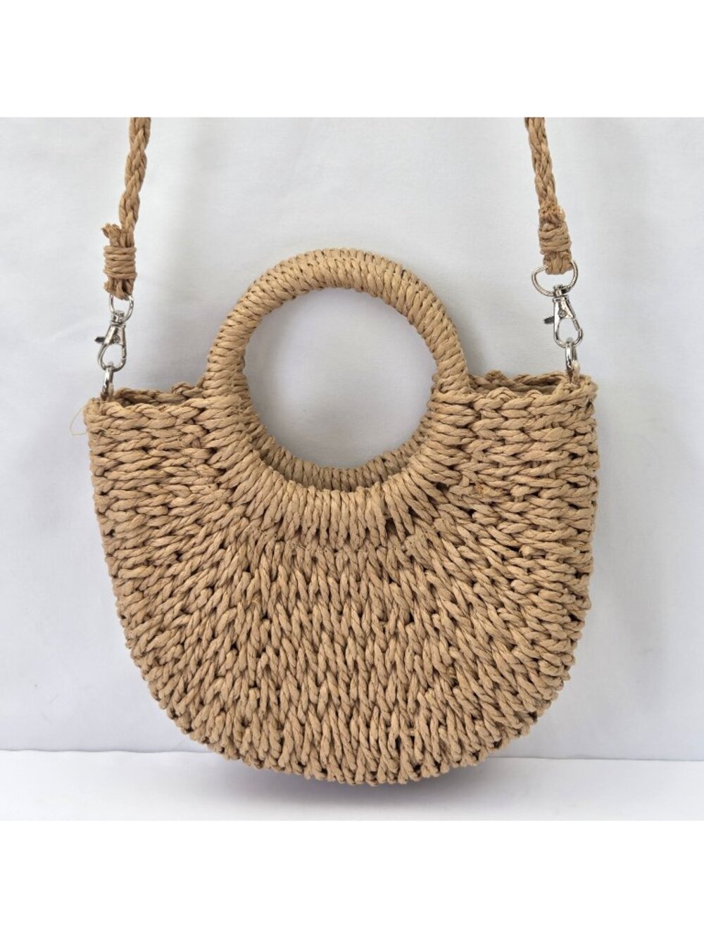 Woven Straw Crescent Convertible Bag With Round Handles & Drawstring Closure